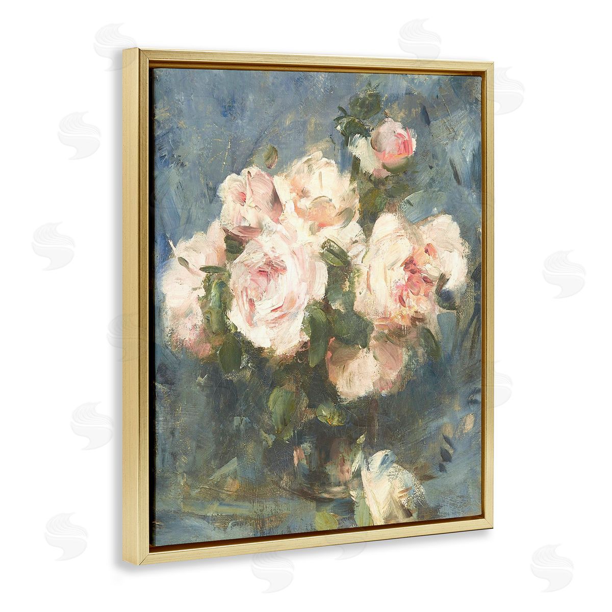 Leah Straatsma Vintage Pink Roses Blue Background Gold Floating Frame Canvas Art Print