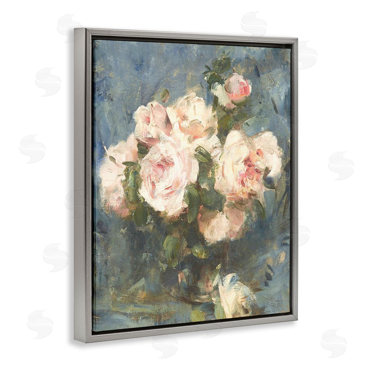Leah Straatsma Vintage Pink Roses Blue Background Gray Floating Frame Canvas Art Print