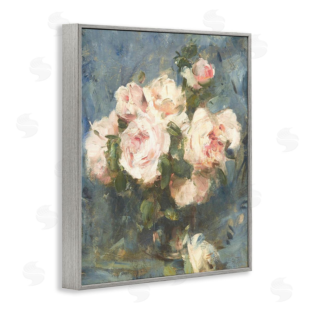 Leah Straatsma Vintage Pink Roses Blue Background Gray Framed Giclee Art Print