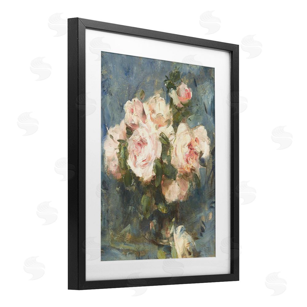 Leah Straatsma Vintage Pink Roses Blue Background Black Framed Print Under Glass Art