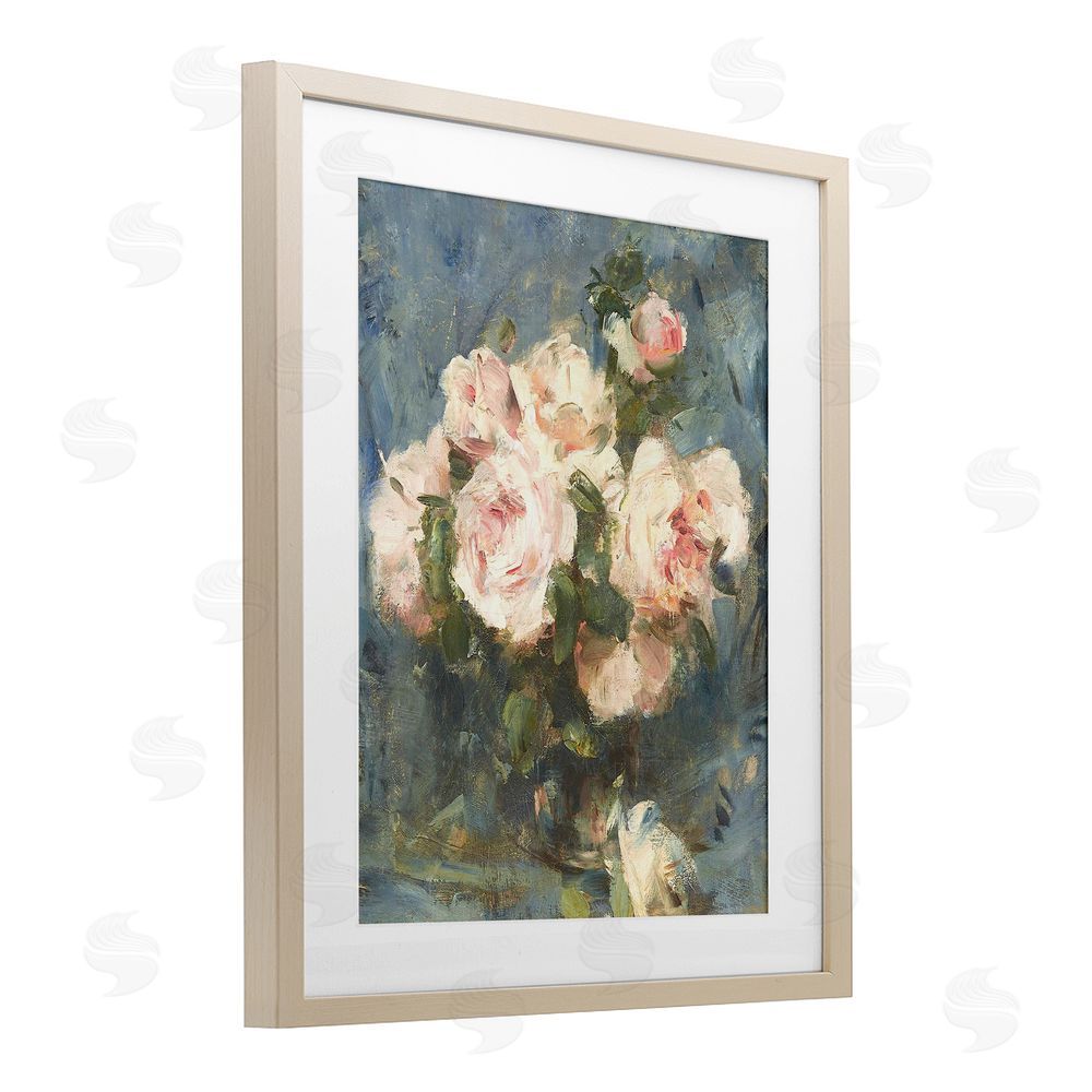 Leah Straatsma Vintage Pink Roses Blue Background Birch Framed Print Under Glass Art