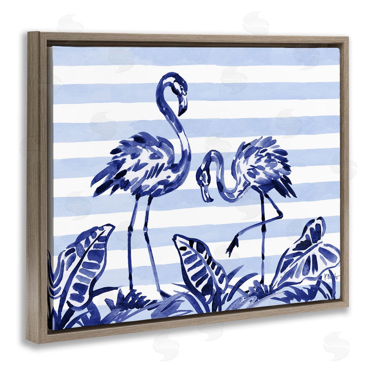 Paul Brent Indigo Brushstroke Flamingos Brown Floating Frame Canvas Art Print