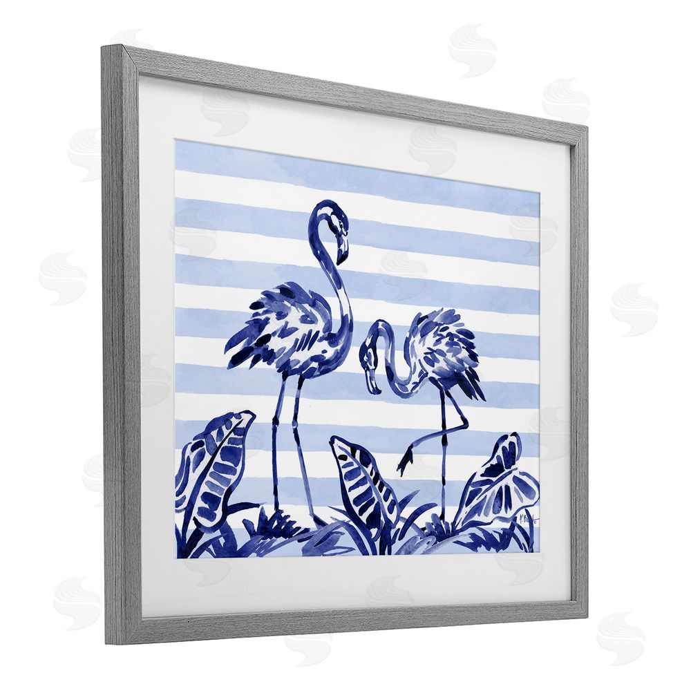 Paul Brent Indigo Brushstroke Flamingos Gray Framed Print Under Glass Art