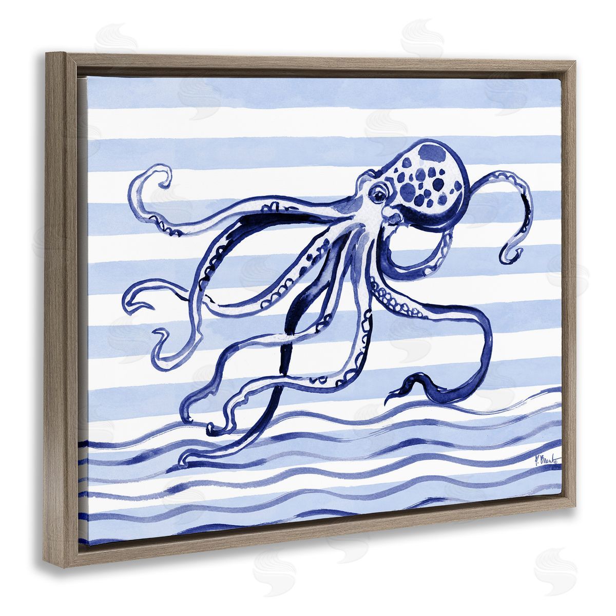 Paul Brent Indigo Brushstroke Octopus Brown Floating Frame Canvas Art Print