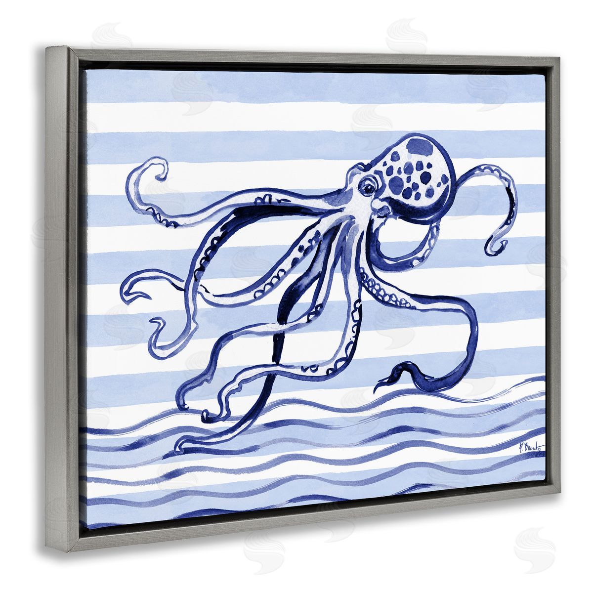 Paul Brent Indigo Brushstroke Octopus Gray Floating Frame Canvas Art Print