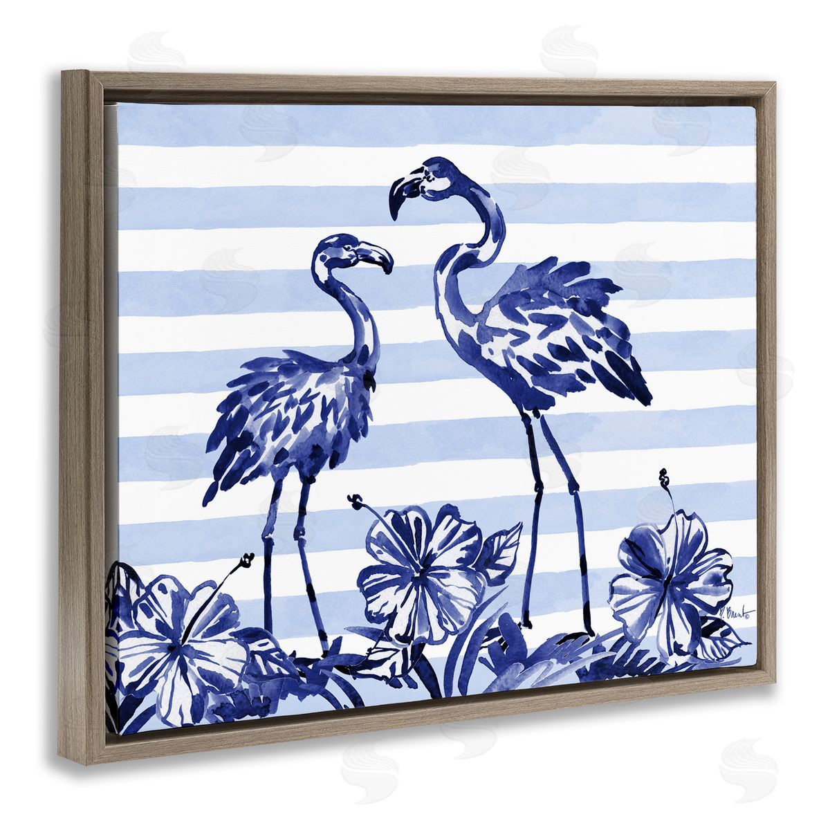 Paul Brent Indigo Flamingos over Stripes Brown Floating Frame Canvas Art Print