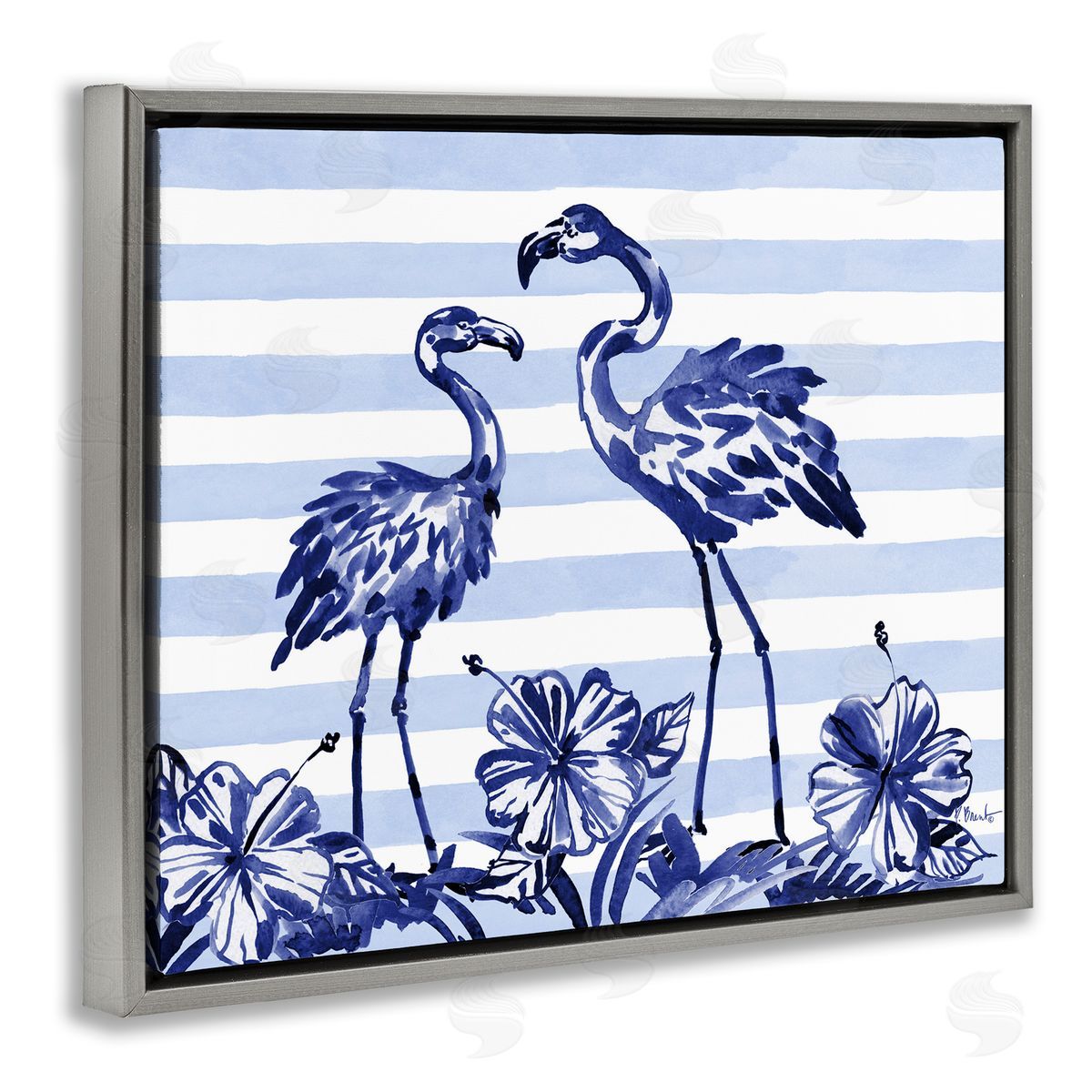 Paul Brent Indigo Flamingos over Stripes Gray Floating Frame Canvas Art Print