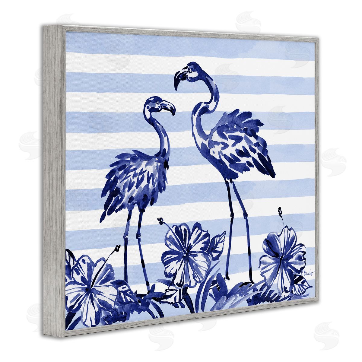 Paul Brent Indigo Flamingos over Stripes Gray Framed Giclee Art Print