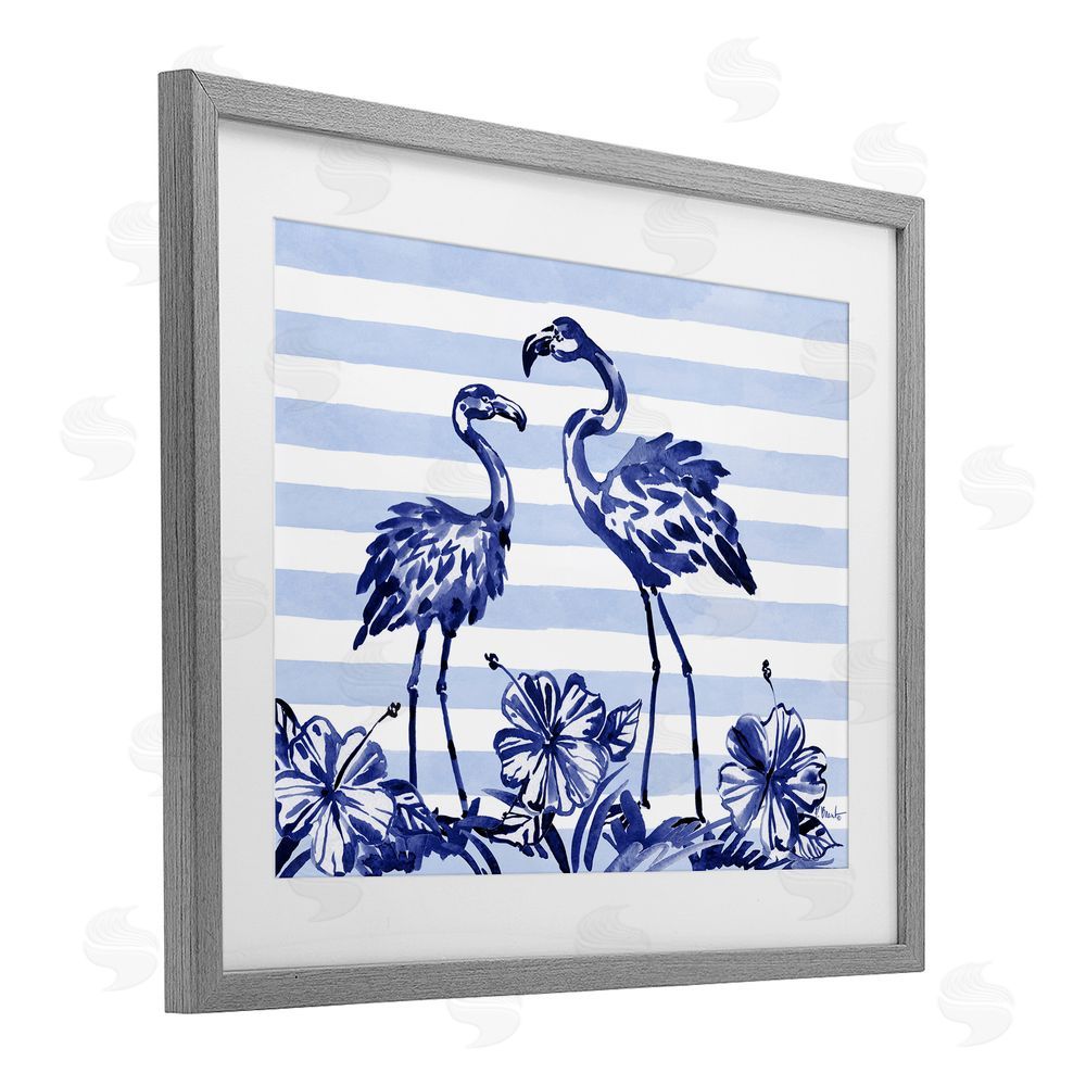 Paul Brent Indigo Flamingos over Stripes Gray Framed Print Under Glass Art