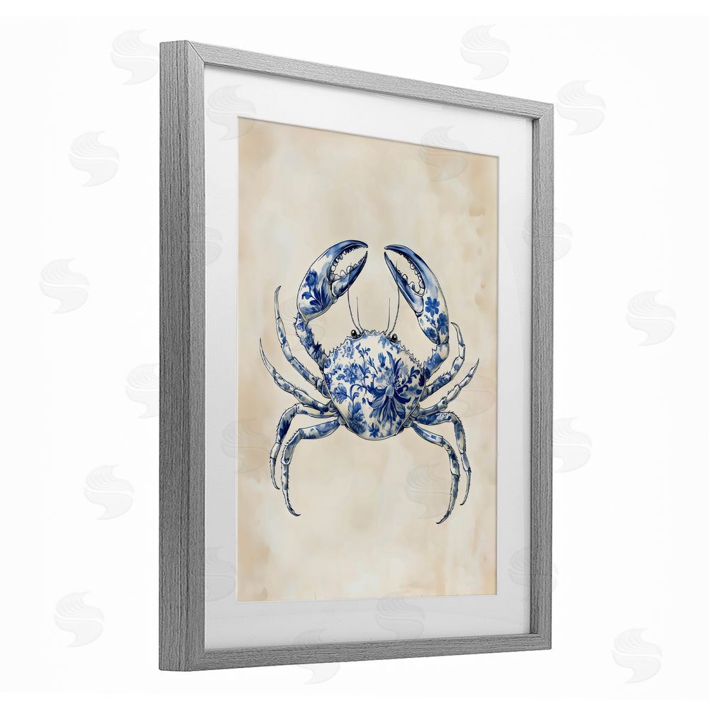 Arlington Prints Blue Floral Crab Gray Framed Print Under Glass Art