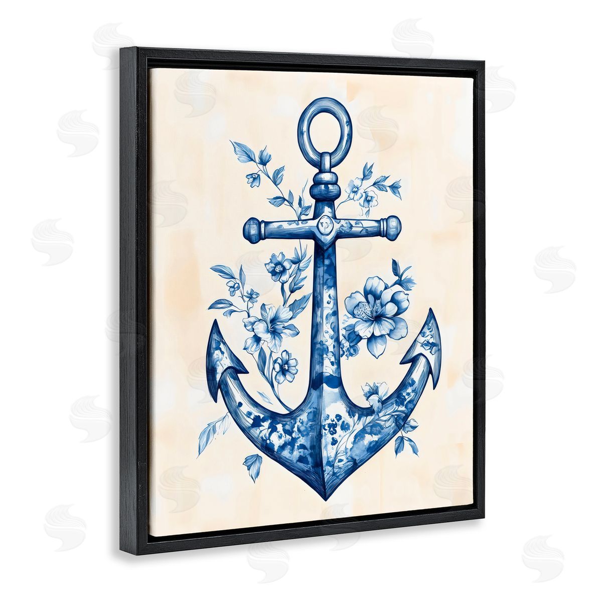 Arlington Prints Blue Floral Life Anchor Black Floating Frame Canvas Wall Art Print