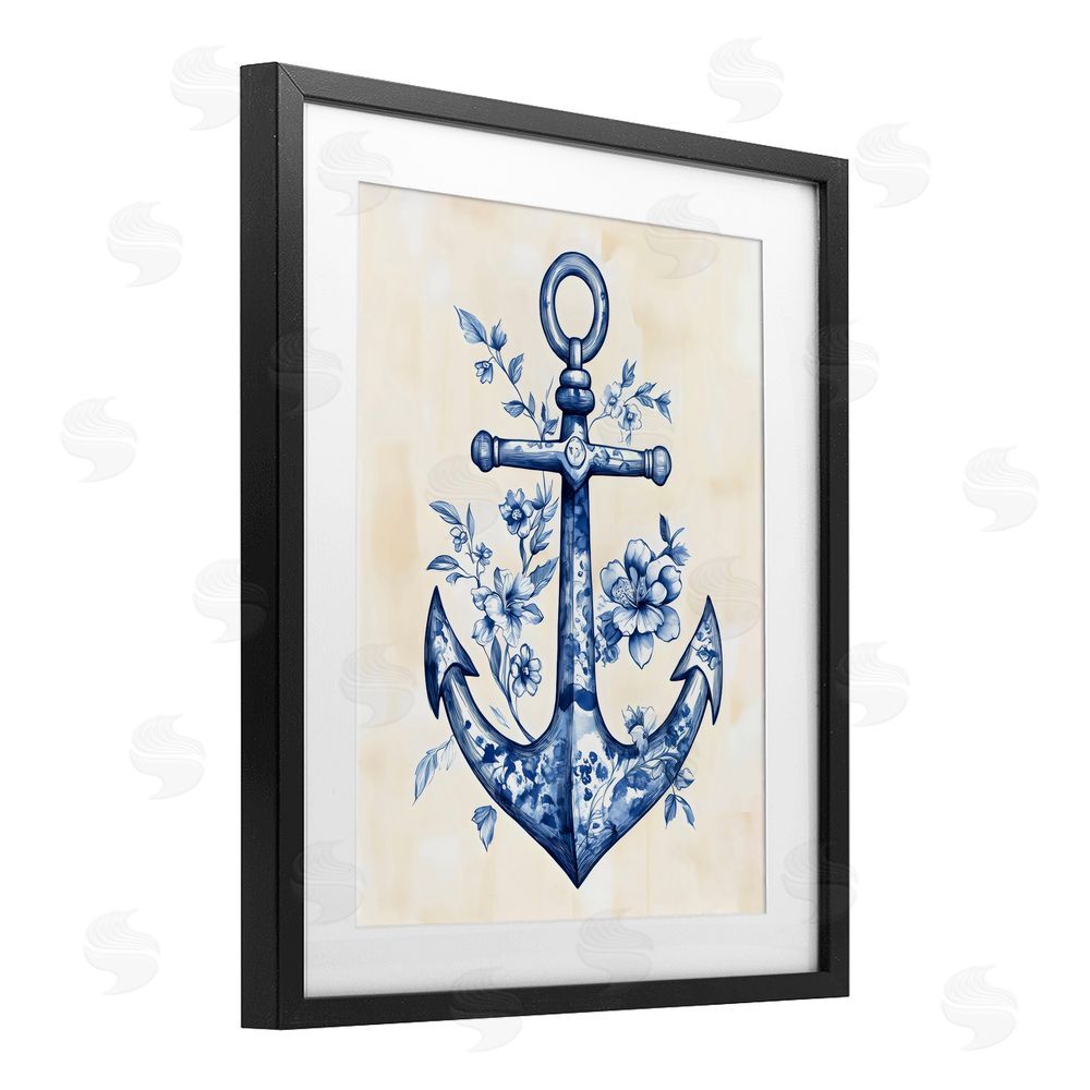 Arlington Prints Blue Floral Life Anchor Black Framed Print Under Glass Art