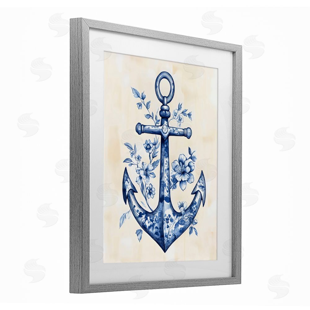 Arlington Prints Blue Floral Life Anchor Gray Framed Print Under Glass Art