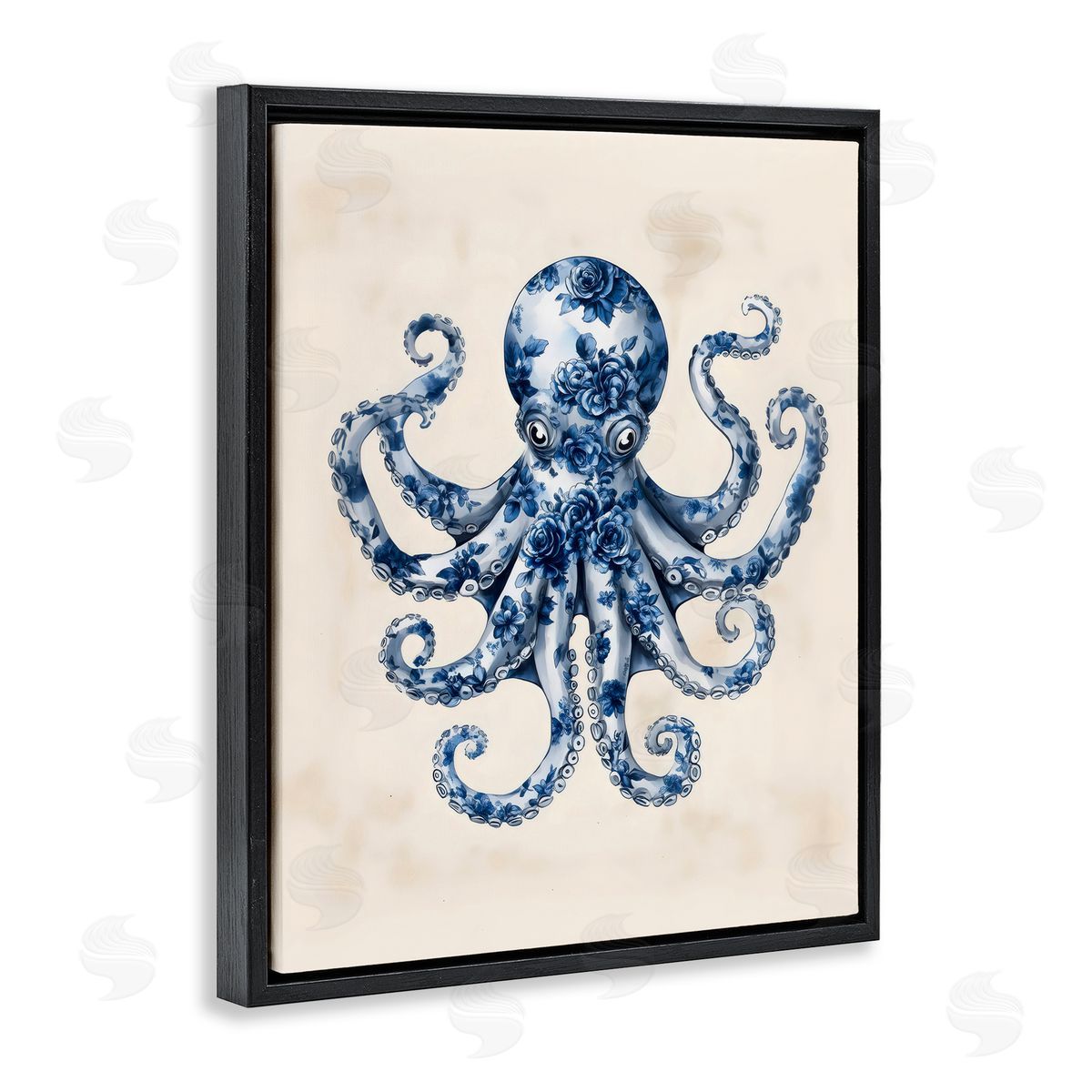 Arlington Prints Blue Floral Octopus Black Floating Frame Canvas Wall Art Print