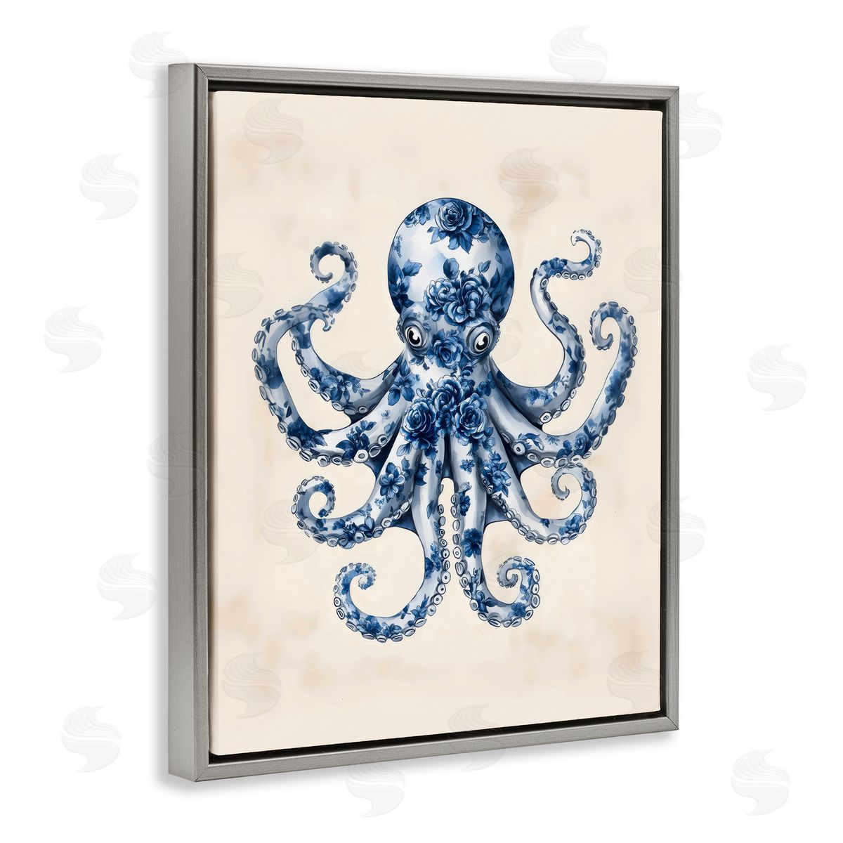 Arlington Prints Blue Floral Octopus Gray Floating Frame Canvas Art Print