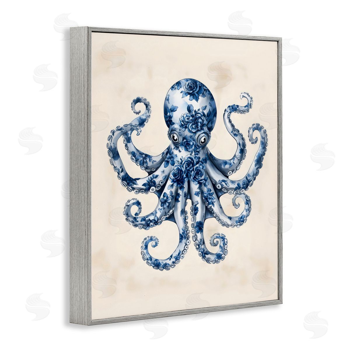 Arlington Prints Blue Floral Octopus Gray Framed Giclee Art Print