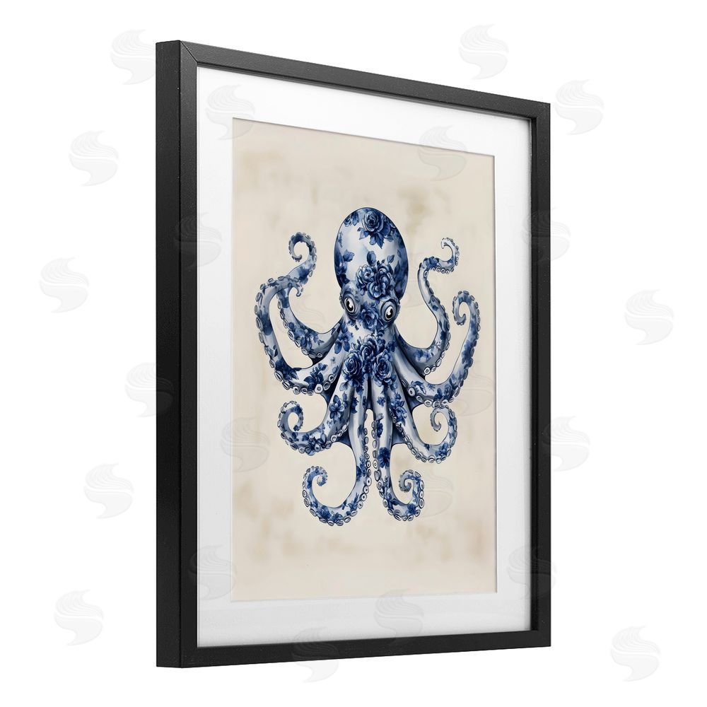Arlington Prints Blue Floral Octopus Black Framed Print Under Glass Art