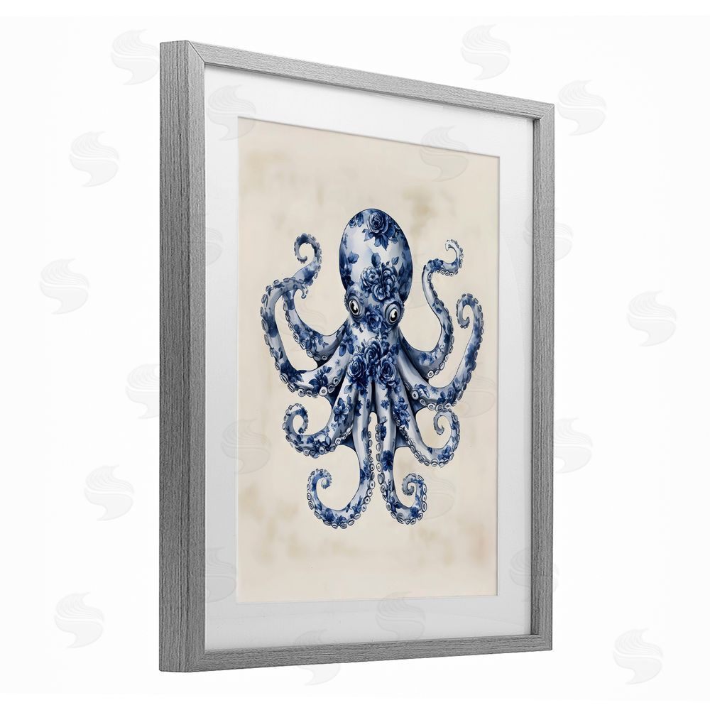 Arlington Prints Blue Floral Octopus Gray Framed Print Under Glass Art