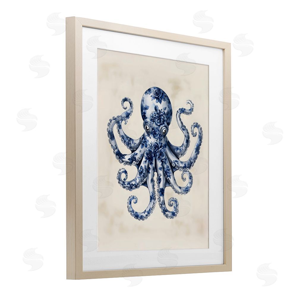 Arlington Prints Blue Floral Octopus Birch Framed Print Under Glass Art