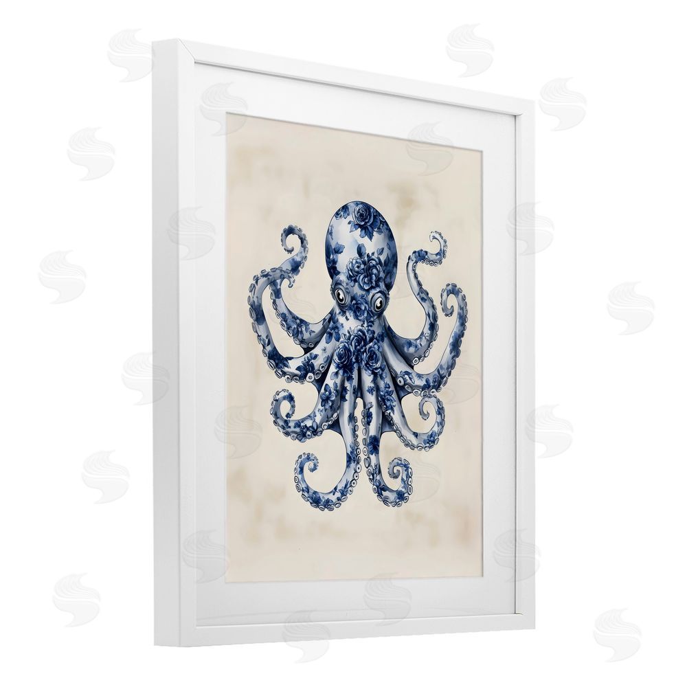 Arlington Prints Blue Floral Octopus White Framed Print Under Glass Art