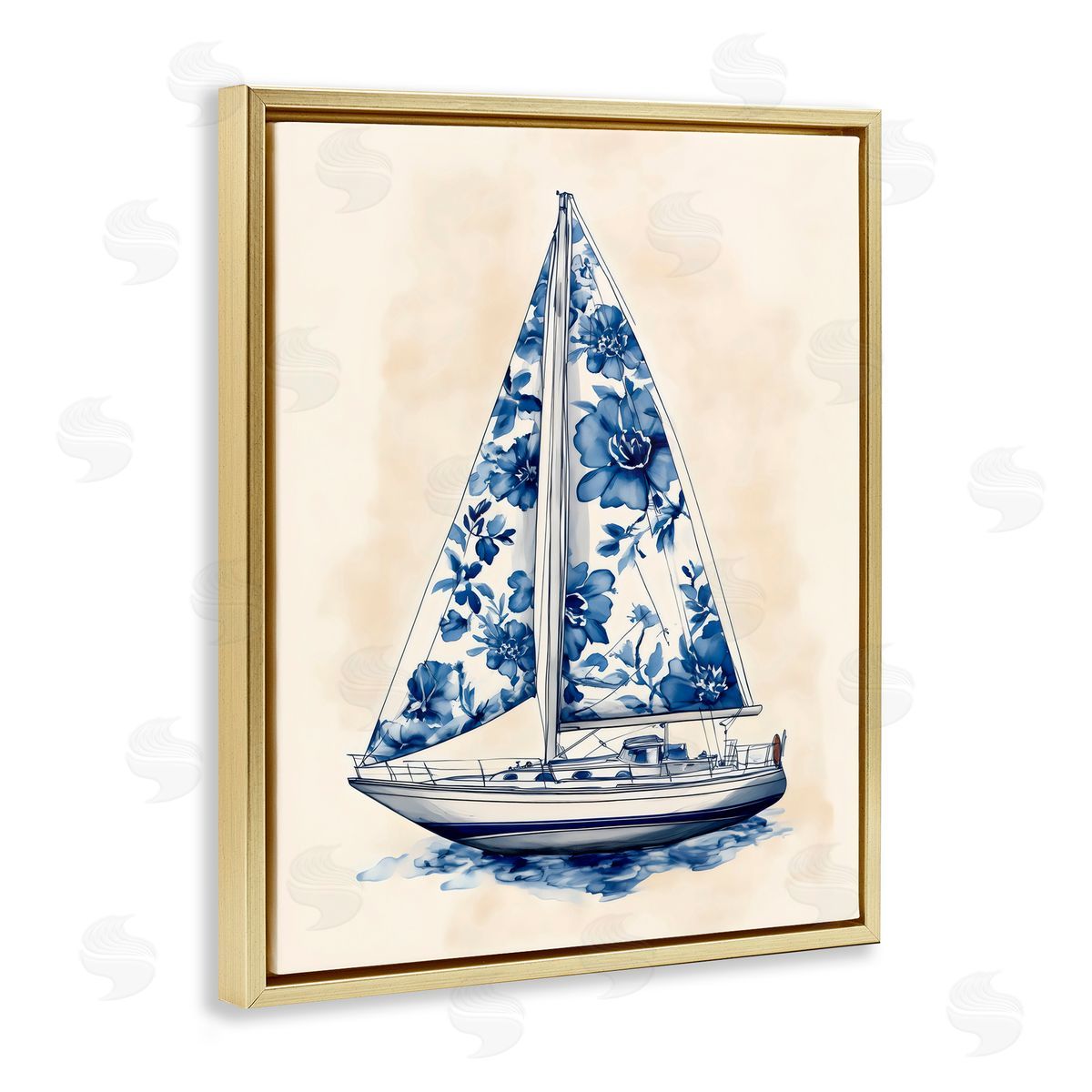 Arlington Prints Blue Floral Sailboat Gold Floating Frame Canvas Art Print