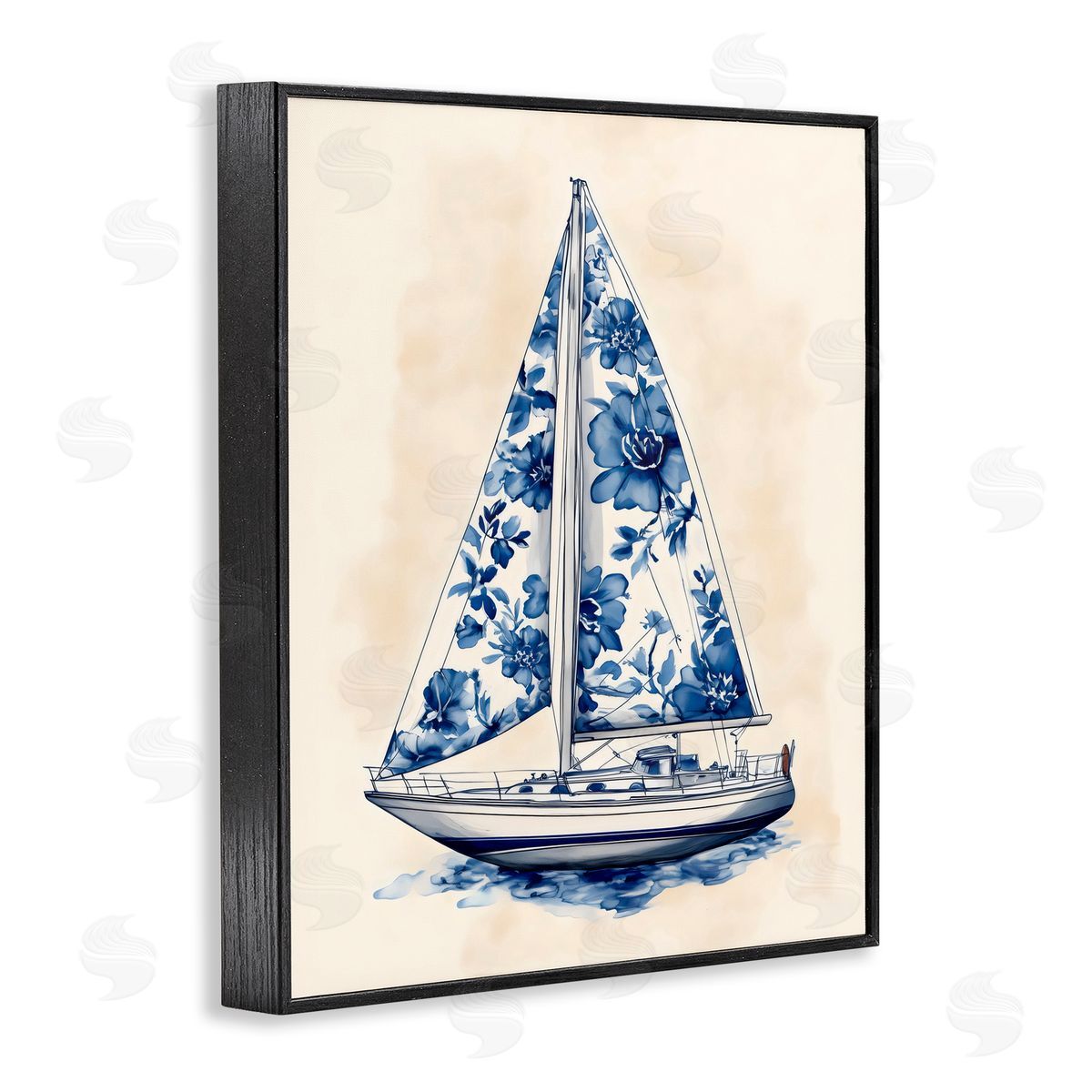 Arlington Prints Blue Floral Sailboat Black Framed Giclee Art Print