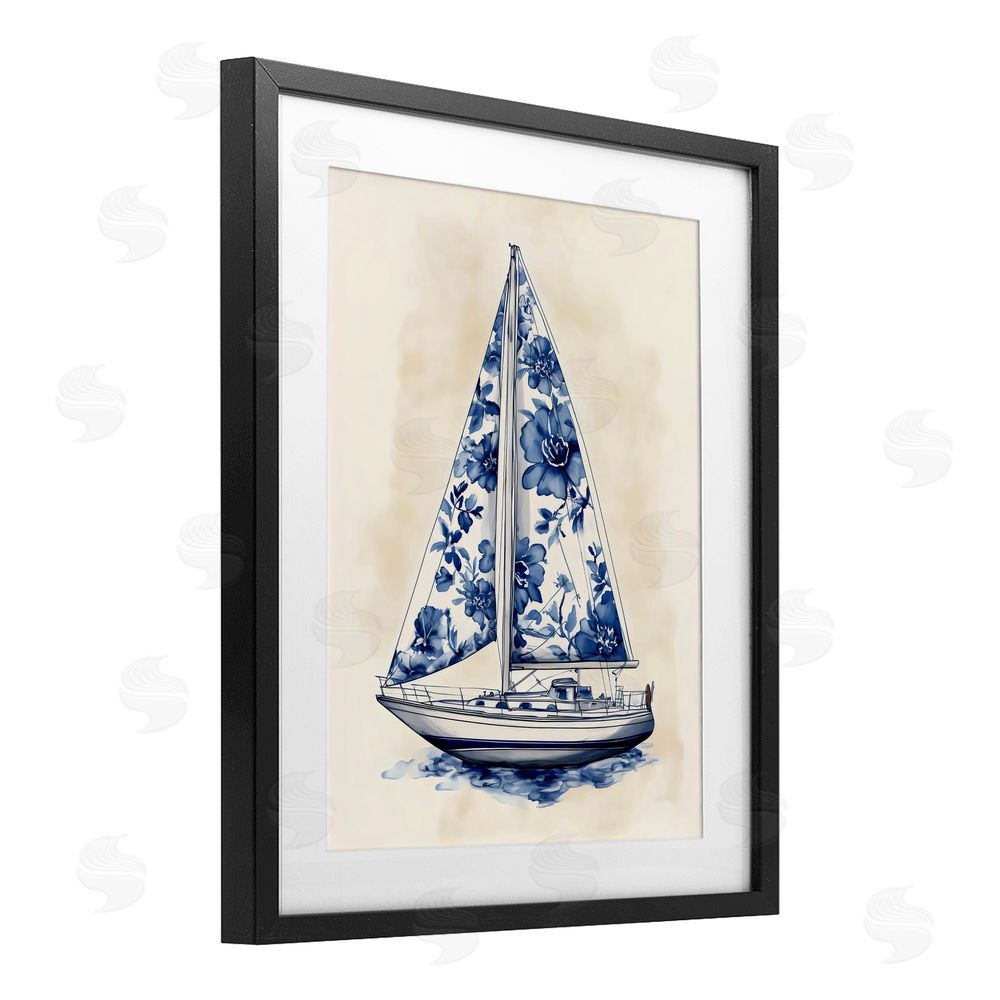 Arlington Prints Blue Floral Sailboat Black Framed Print Under Glass Art