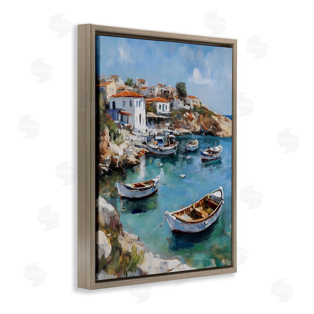 Franklyn Gregory Italian Village Boats Brown Floating Frame Canvas Wall Art Print