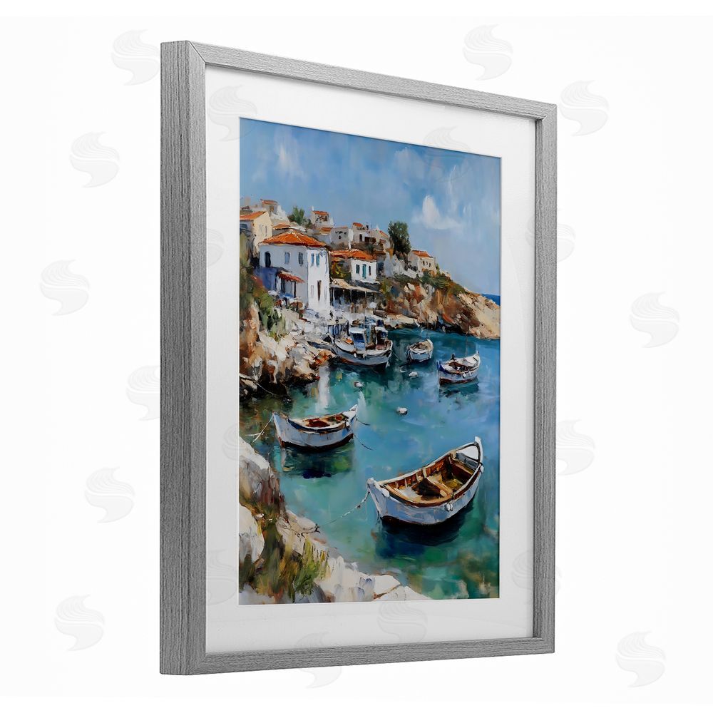 Franklyn Gregory Italian Village Boats Gray Framed Print Under Glass with White Mat Wall Art