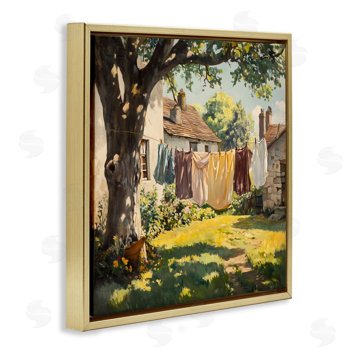 Creative Studio Country Clothes Line Yard Gold Floating Frame Canvas Art Print