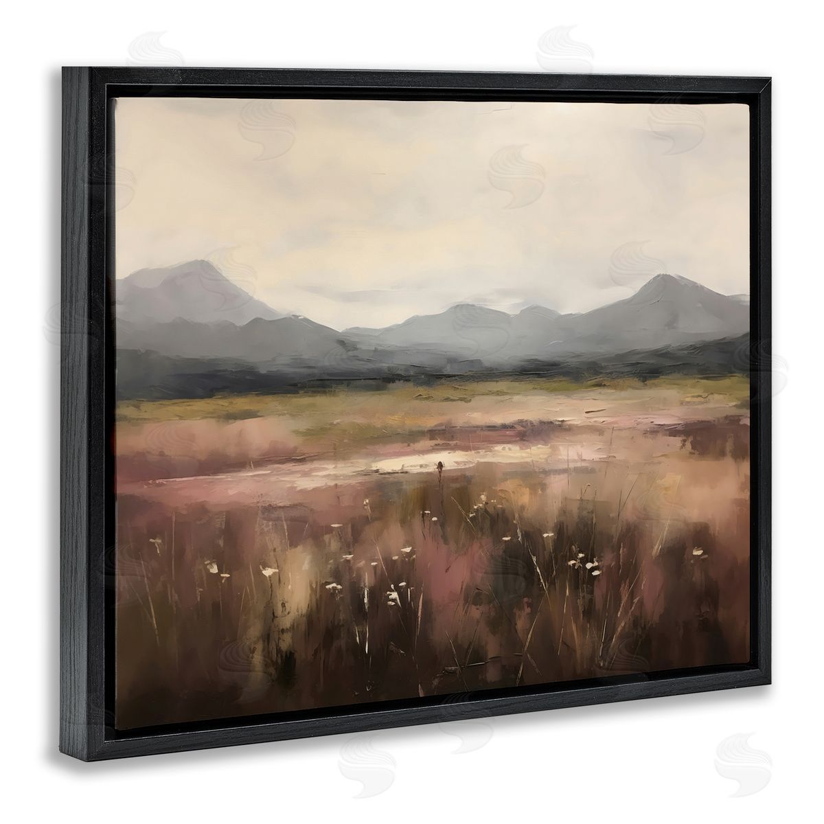 Creative Studio Flower Field Mountain Black Floating Frame Canvas Wall Art Print
