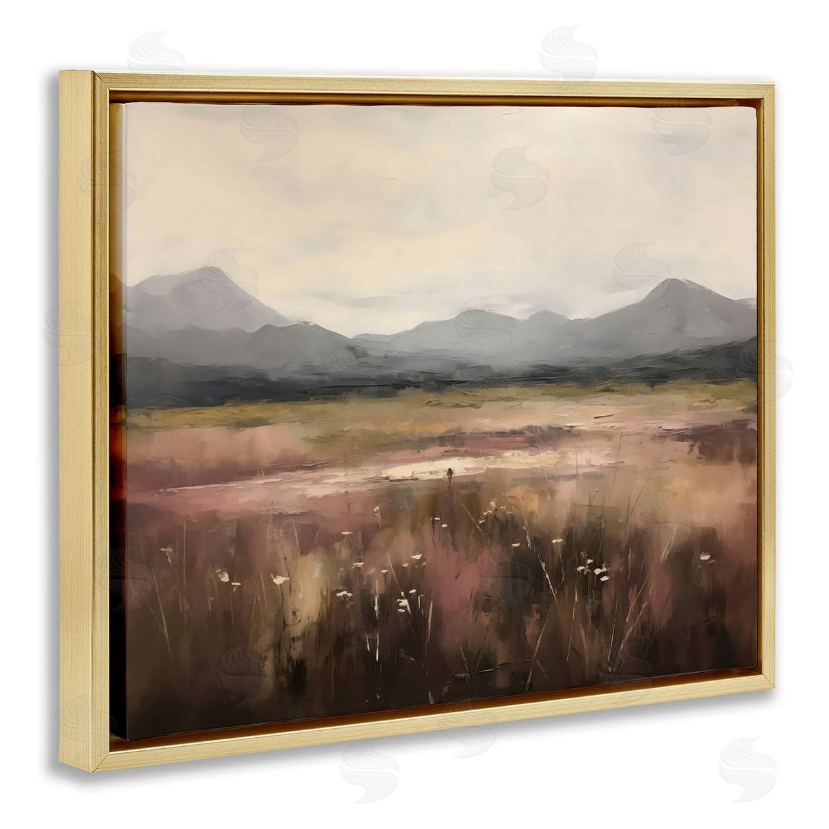 Creative Studio Flower Field Mountain Gold Floating Frame Canvas Art Print