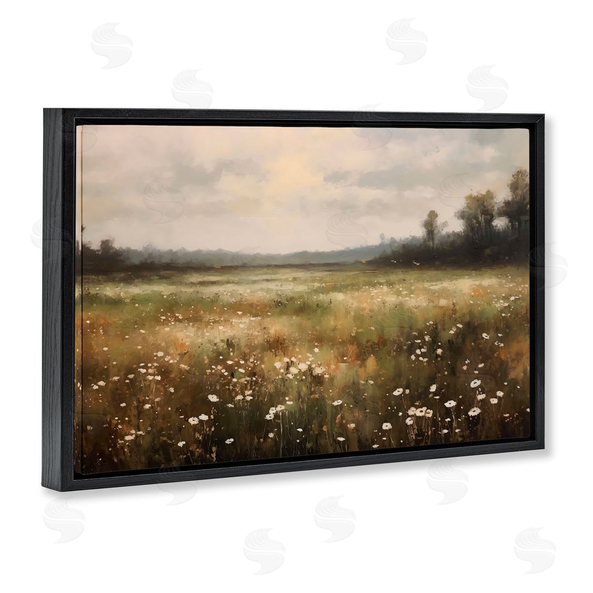 Creative Studio Dotted With Daisies Field Black Floating Frame Canvas Wall Art Print