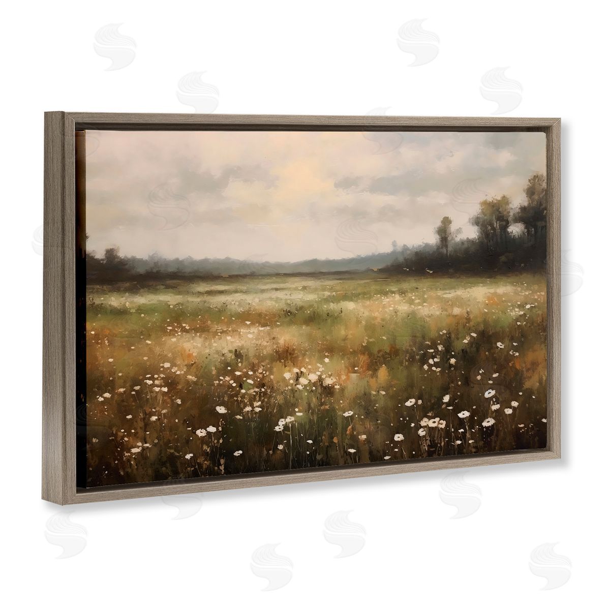Creative Studio Dotted With Daisies Field Brown Floating Frame Canvas Art Print