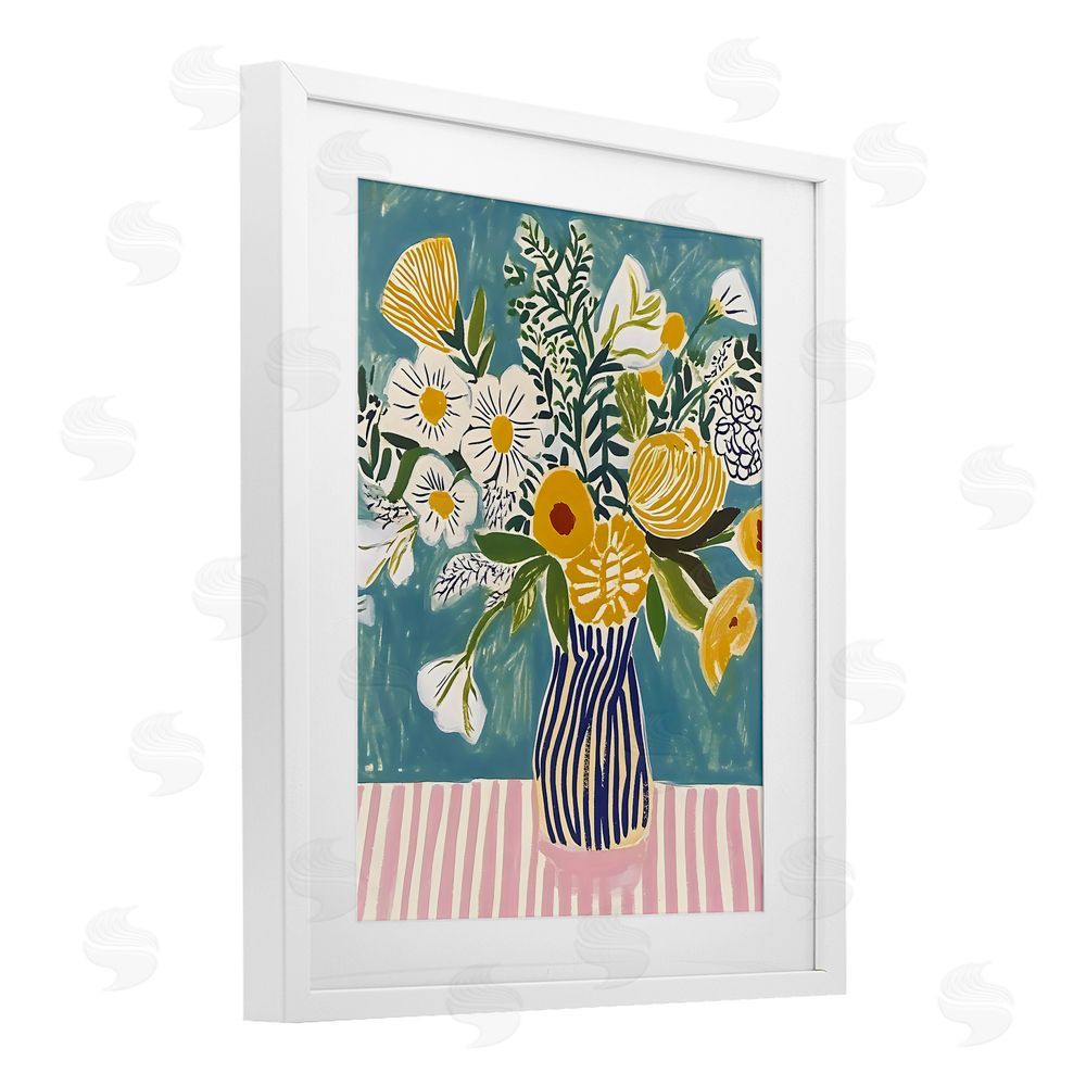 Creative Studio Bouquet on Striped Setting White Framed Print Under Glass Art