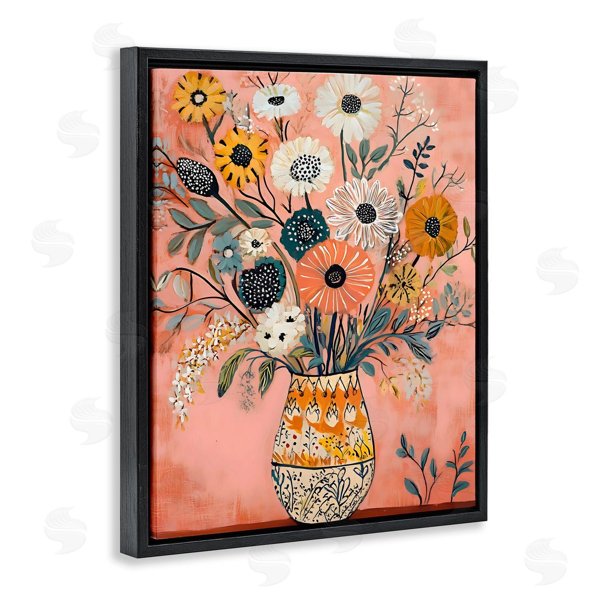 Creative Studio Boho Patterned Bouquet Vase Black Floating Frame Canvas Wall Art Print