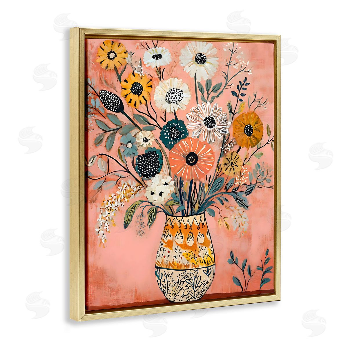 Creative Studio Boho Patterned Bouquet Vase Gold Floating Frame Canvas Art Print