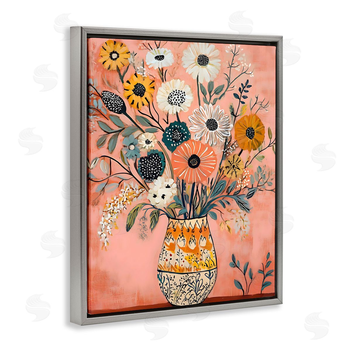 Creative Studio Boho Patterned Bouquet Vase Gray Floating Frame Canvas Art Print