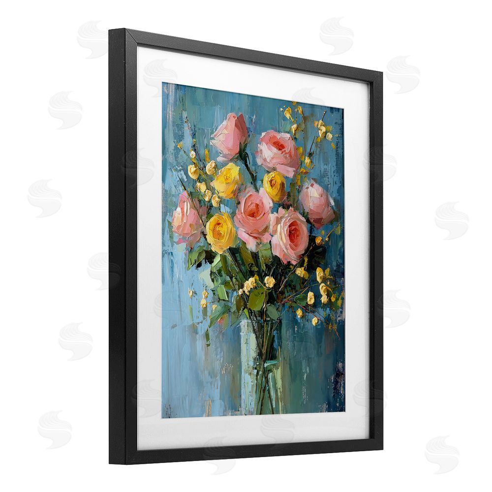 Creative Studio Pink And Yellow Rose Display Black Framed Print Under Glass Art