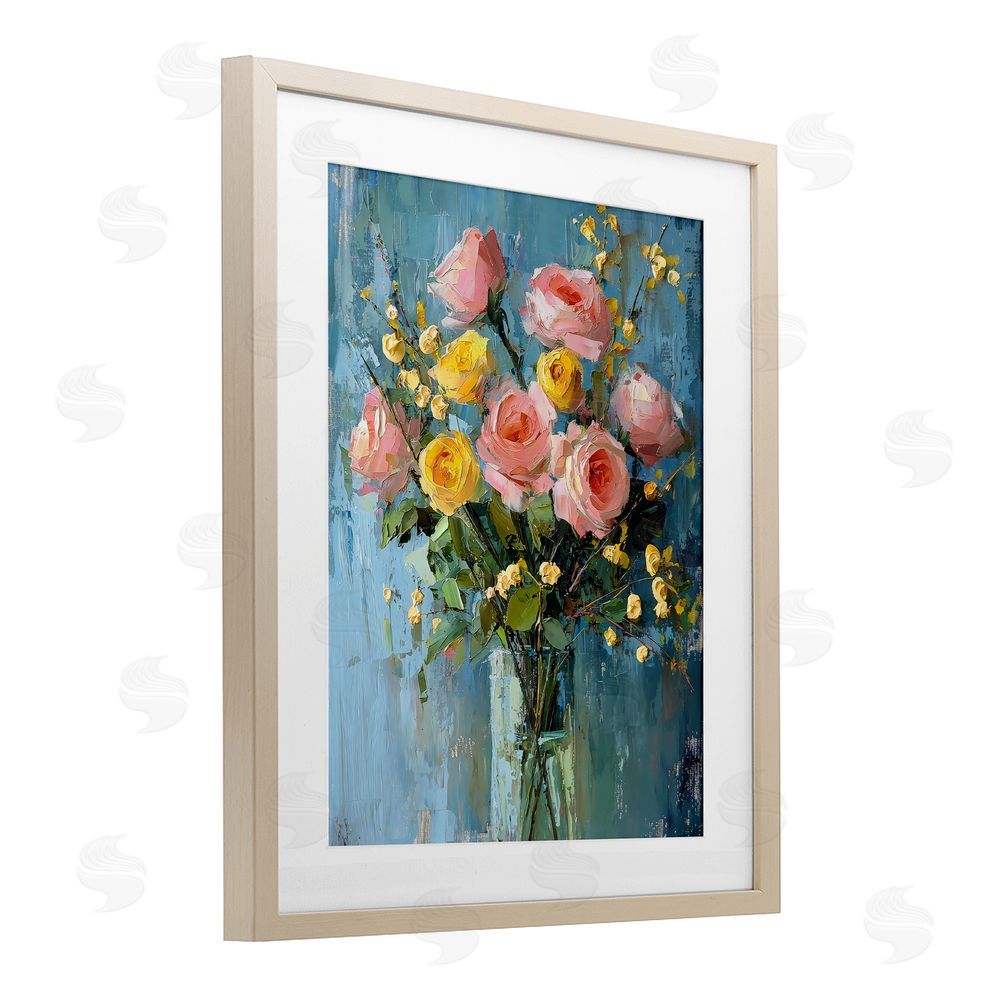 Creative Studio Pink And Yellow Rose Display Birch Framed Print Under Glass Art