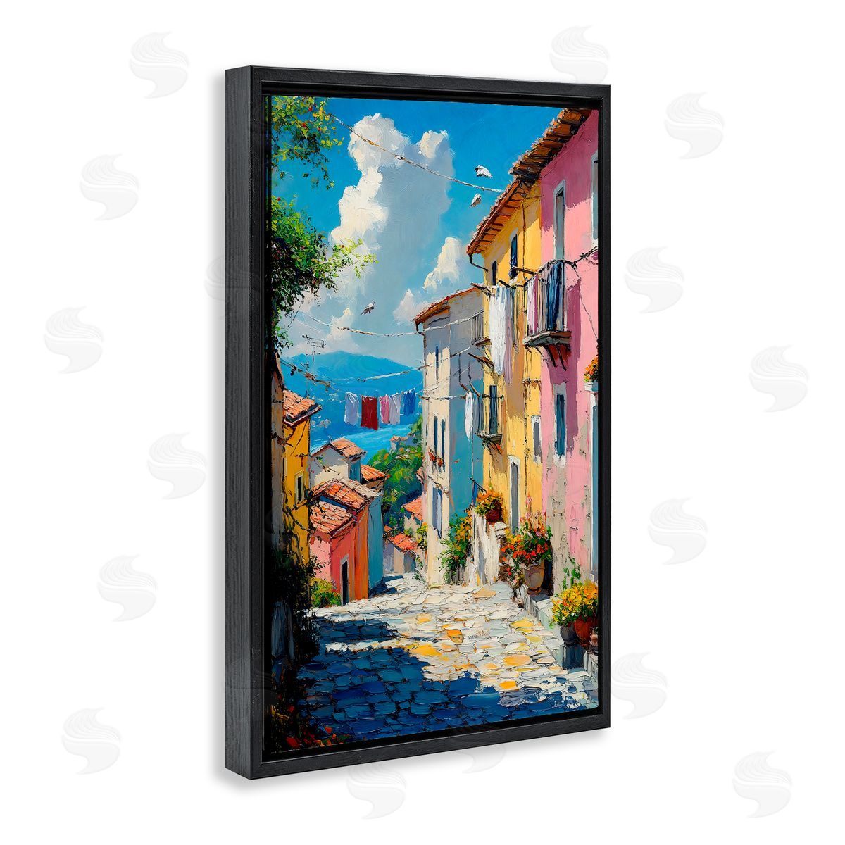 Creative Studio Colorful Coastal Town Black Floating Frame Canvas Wall Art Print