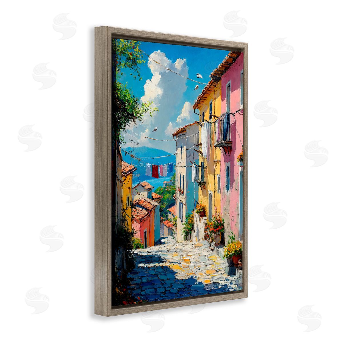 Creative Studio Colorful Coastal Town Brown Floating Frame Canvas Art Print