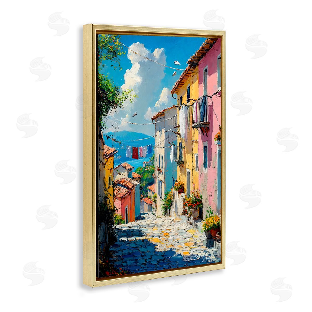Creative Studio Colorful Coastal Town Gold Floating Frame Canvas Art Print