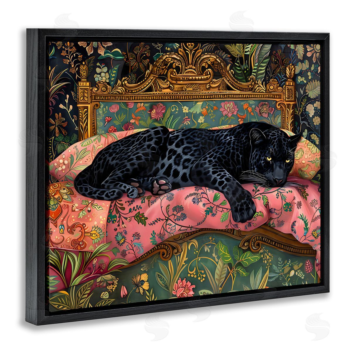Creative Studio Leopard Lounge on Ornate Textiles Black Floating Frame Canvas Wall Art Print