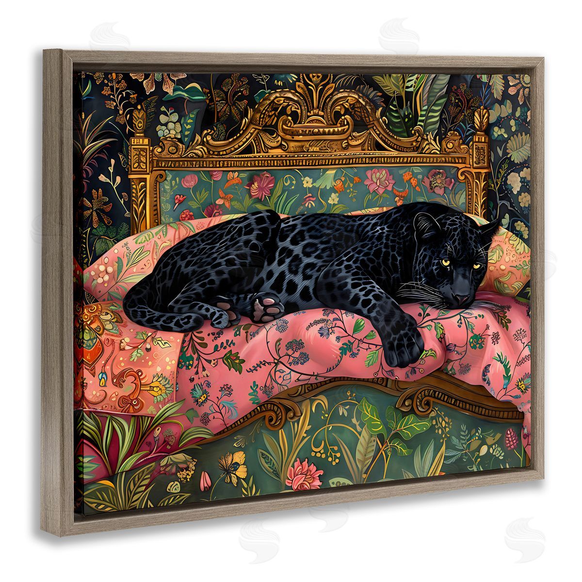 Creative Studio Leopard Lounge on Ornate Textiles Brown Floating Frame Canvas Art Print