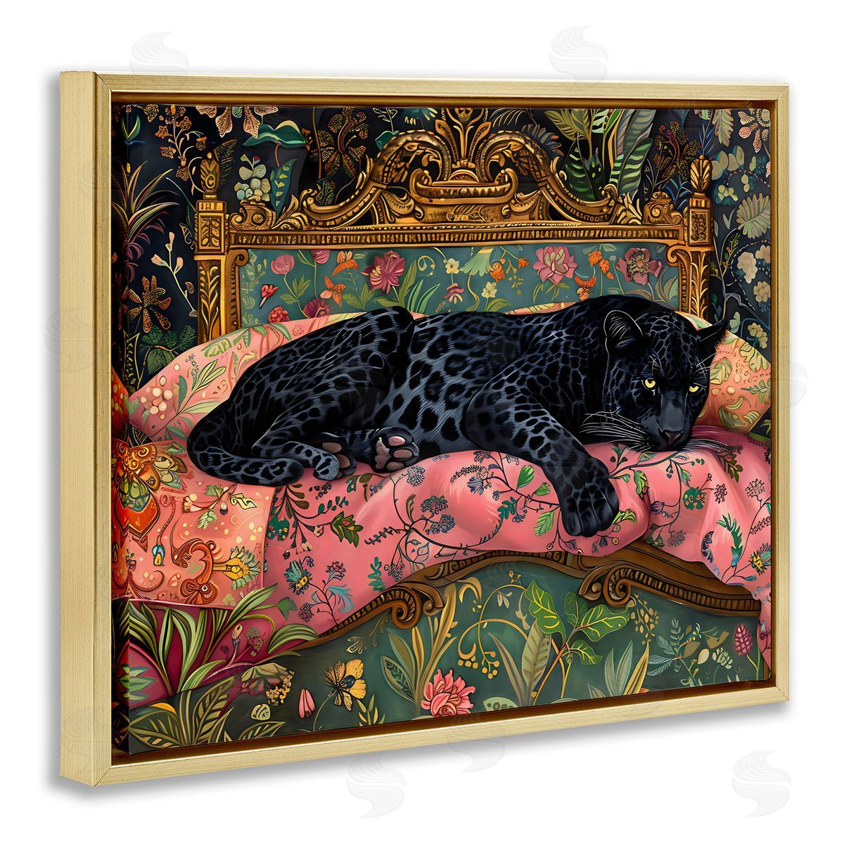Creative Studio Leopard Lounge on Ornate Textiles Gold Floating Frame Canvas Art Print