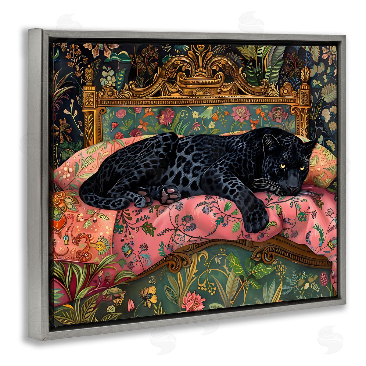 Creative Studio Leopard Lounge on Ornate Textiles Gray Floating Frame Canvas Art Print