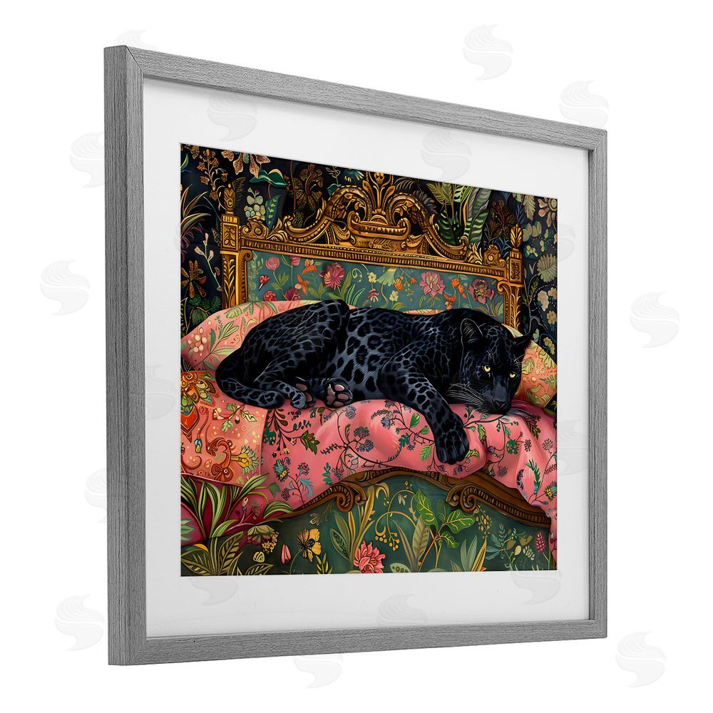 Creative Studio Leopard Lounge on Ornate Textiles Gray Framed Print Under Glass Art