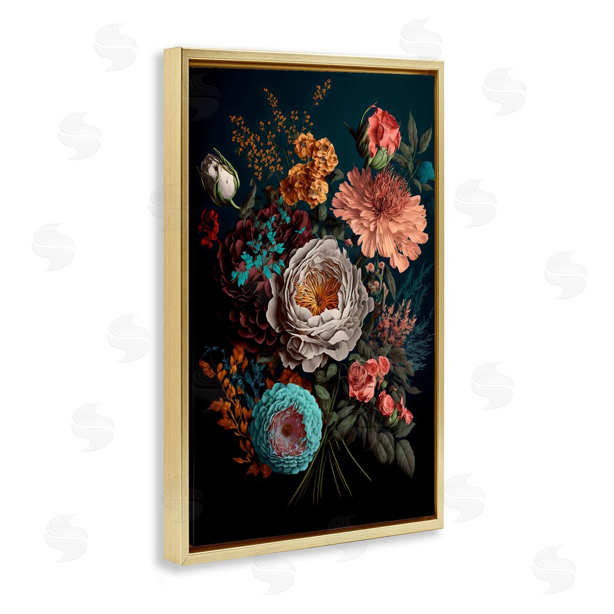 Creative Studio Realistic Colorful Floral on Black Gold Floating Frame Canvas Art Print