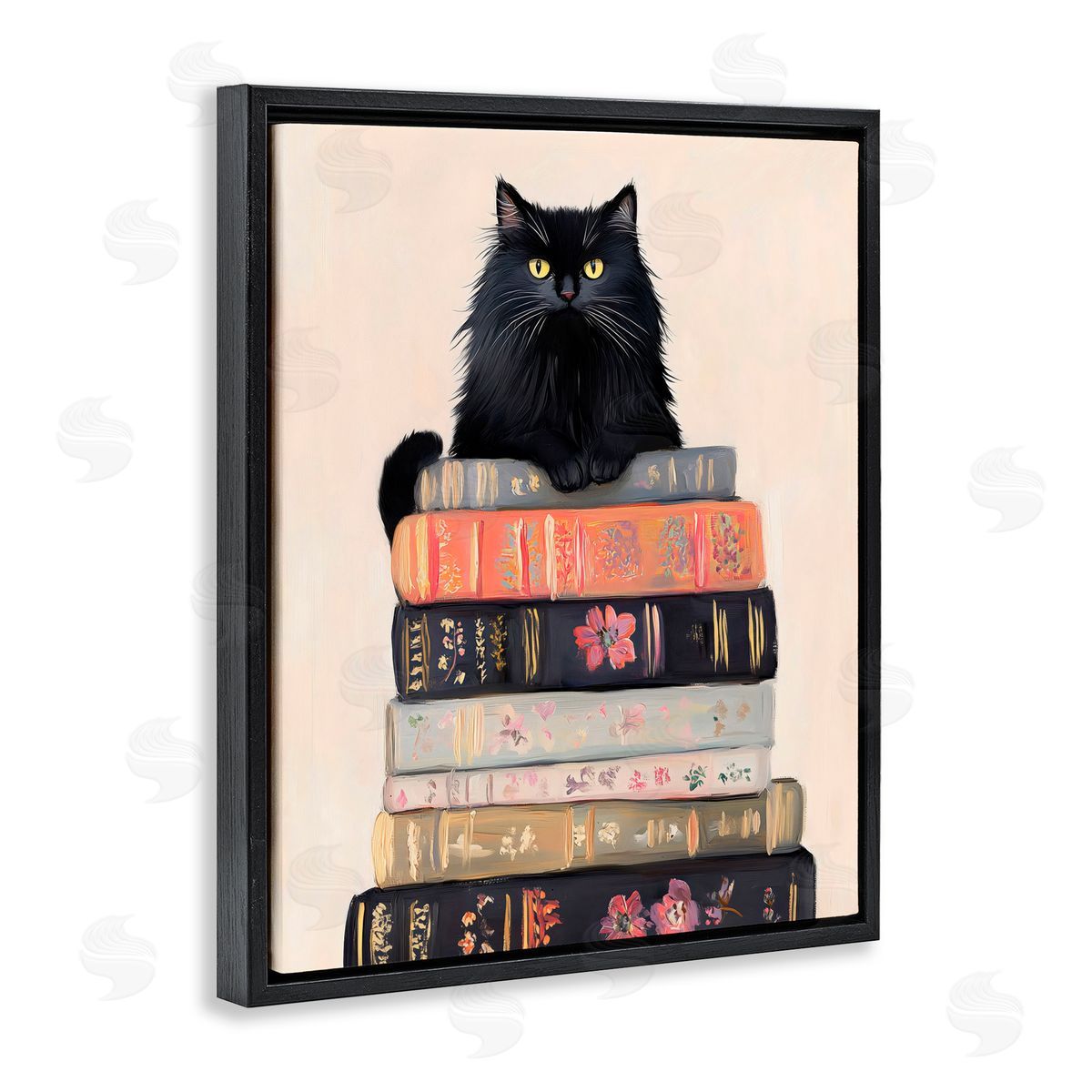 Arlington Prints Book Stack Black Cat Black Floating Frame Canvas Wall Art Print